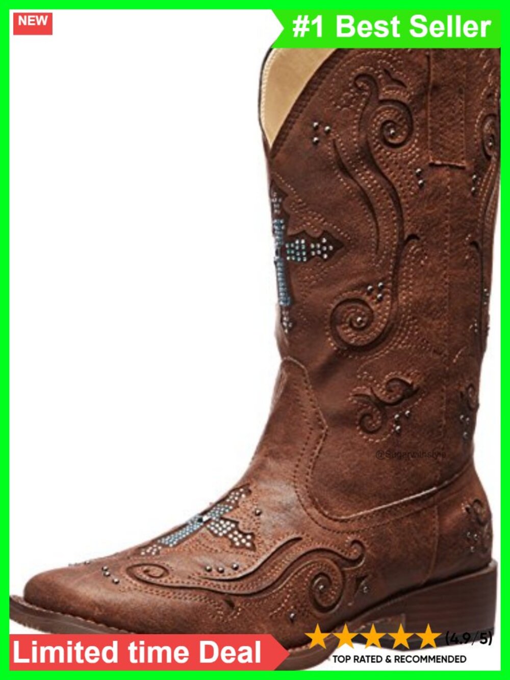 Rhinestone Square Toe Casual Boots Mid Calf Low Heel Faux Leather